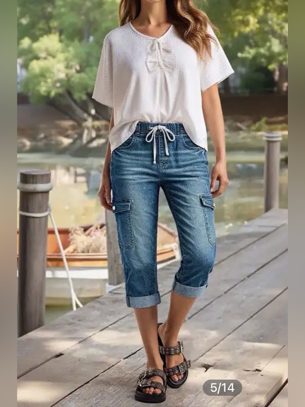 Flamingals Roll Hem Flap Pocket Drawstring Elastic Mid Rise Straight Leg Capris